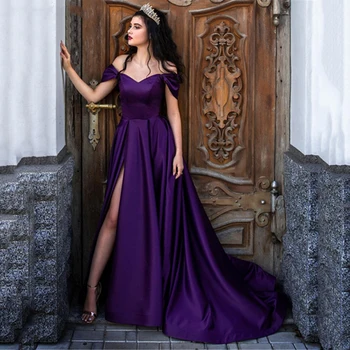 Púrpura Apagado el Hombro de Satén con Cuello en V Vestidos de fiesta para las Mujeres del Lado de Dividir Una Línea de cordones sin Respaldo Vestidos de Fiesta de Noche