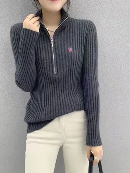 Mujer de Invierno tops de Color Sólido de Manga Larga de Cuello Alto con Cremallera Sudadera de Punto Suéter de Lana Espesa Slim Fit coreano Casual
