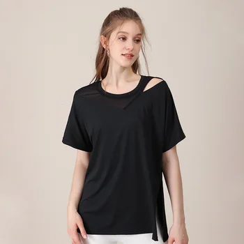 Las mujeres pierden el Yoga Camisetas de Manga Corta Sport T-camisa de Malla Transpirable con Camisa Hueco Gimnasio de Fitness Superior de la Horquilla de la Blusa Femenina