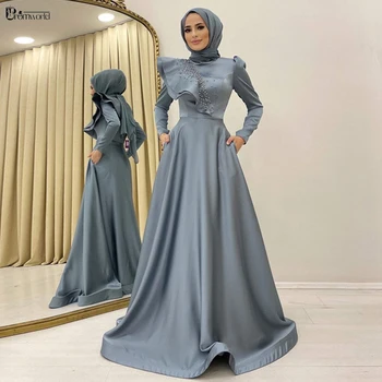 Batas De Soirée de Manga Larga Musulmán de Vestidos de Noche de Satén con Cuentas Una Línea de Cuello Alto de árabe de Dubai Formal Vestidos de Noche para las Mujeres