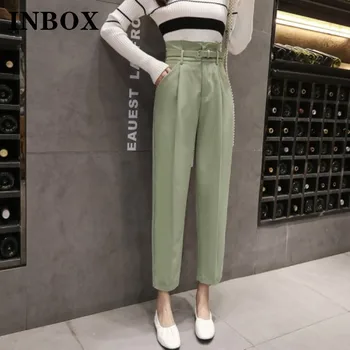 Mujer Pantalones De Cintura Alta 2023 Verde Del Verano Coreano De La Moda Recta Pantalones De La Oficina De Las Señoras De Los Pantalones Casuales Con Cinturón
