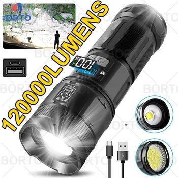 120000 Lúmenes Super Brillante Linterna LED Recargable de Tipo C, 5000 mAh XPH90 MAZORCA de la Luz de la linterna con Pantalla Digital para al aire libre