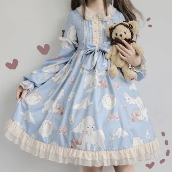 Kawaii Japonés Lolita vestido Vintage de Cordero Impresión lolita vestido de mujer suave de niña estilo lindo de la Princesa vestido de encaje lindo