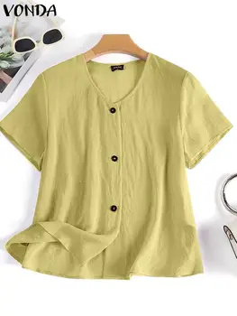 Las mujeres de Verano de Moda de Camisetas de 2023 VONDA de Manga Corta de los Botones de la Túnica Tops Casual Color Sólido de las Blusas Sueltas Elegantes Blusas Femininas