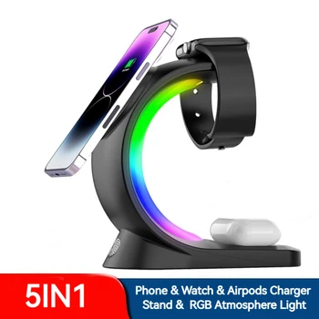 15W Magnético Cargador Inalámbrico para el Iphone XS XR 11 12 13 14 RGB Atmósfera de Luz Estación de Carga para Airpods Pro Apple Watch
