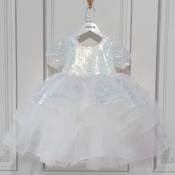 Niño Blanco Vestido de Lentejuelas 1er Cumpleaños de Vestido Para Niña Ropa de Encaje Rebordear Vestido de Princesa de la Boda Traje de Fiesta Vestidos