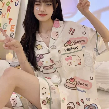 Kawaii Sanrios Pijama Conjunto De Dibujos Animados De Pijama De Mujer De Verano Cute Hello Kitty Casa De Verano Juego De Ropa De