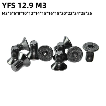 100PCS YFS M3 de Cabeza Avellanada Cabeza de Tornillo M3*5*6*8*10*12*14*15*16~26mm Grade12.9 Negro Niquelado Anti-Rust Tornillos