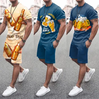 Hombres Traje De Verano De La Playa De Manga Corta Impresa Camiseta Corta Traje De Camisa De Traje De Pantalones Con Bolsillos