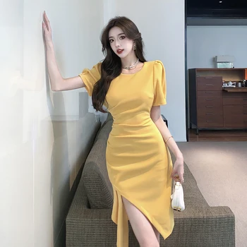 2023 Moda De Verano Vestido Formal Amarillo Burbuja Manga Irregular Deslizó Vestido Elegante Delgado Bodycon Del Partido Club Vestido