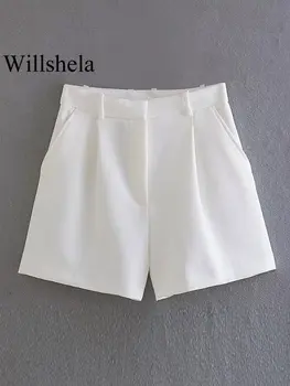 Willshela Las Mujeres De La Moda De Blanco Plisado Cierre De Cremallera Frontal Shorts Vintage De Cintura Alta Mujer Elegante Señora Cortos