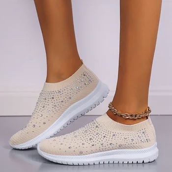 Shining Crystal Pisos Zapatos para las Mujeres Más el Tamaño de Malla Transpirable Zapatillas Blancas Mujer Primavera Verano Suela Blanda Zapatos de Deporte