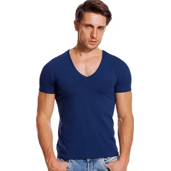A2105 Solid V Cuello de la Camiseta para los Hombres de Corte Bajo Estiramiento Vee Superior Tees Slim Fit de Manga Corta de la Moda Masculina de la Camiseta de la Invisible
