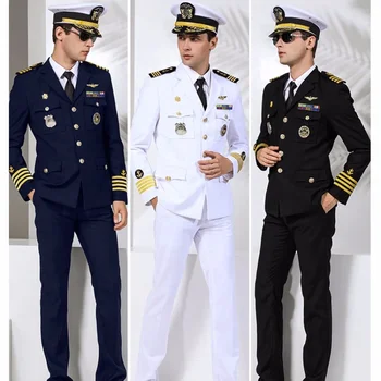 Blanco de estados UNIDOS de la US Navy el Uniforme Oficial del Traje de la Tripulación Yate de Marinero de los Militares, el Capitán de la Chaqueta de los Pantalones Hat Cap Accesorios para hombre Negro Azul