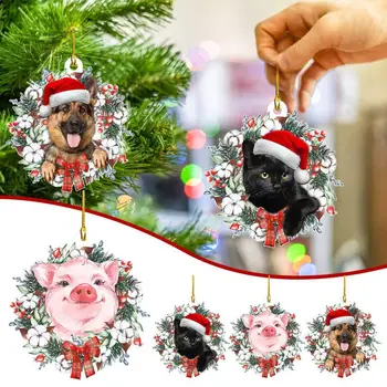 1Pc de Navidad Colgante con Cordón Colgante Adorno de Navidad Adorable Sombrero de Santa Gato Perro Cerdo Festivo Decoración para Fiestas
