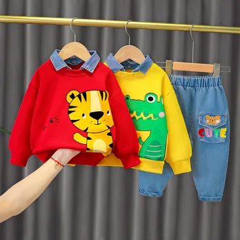 Ropa de bebé niño de 0-4 años de edad de la primavera y el otoño de manga larga traje de niño de dibujos animados de la solapa de algodón suéter + jeans bebé de conjunto de 2 piezas