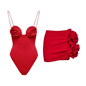 2023 Bikini Floral con Volantes Bikini Conjunto de las Mujeres en 3D Flor Alta de la Cintura de Dos piezas Traje de baño de la Playa de la Falda de Traje de Baño trajes de baño de Biquinis