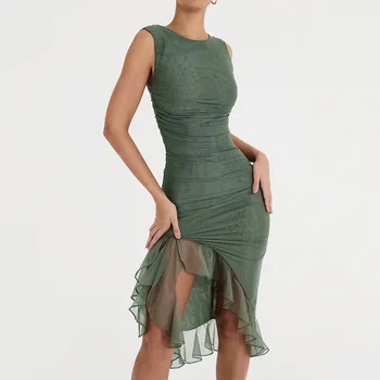 Elegante Bodycon Dobladillo Vestido De Malla Sexy Mini Verde Sirena Vestidos De Fiesta De Cumpleaños Forrado De Las Mujeres Vestidos De Verano 2023