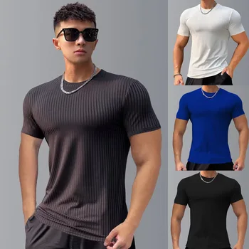 La primavera y el Verano Nueva Tendencia de la Moda de los Hombres de Manga Corta T-shirt para Hombres Jersey de Color Sólido de la parte Inferior de la Camisa de rayas