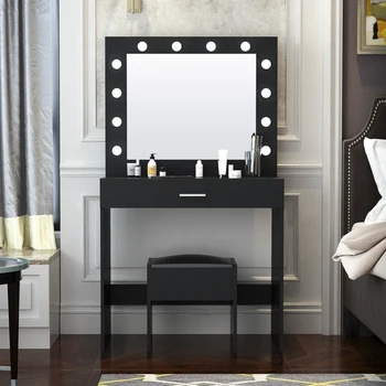 Diseño moderno Dormitorio de Maquillaje tocador con 12 LED Bombilla de Luz de los Espejos y de las Heces,Duraderos Y Fáciles De Limpiar,Negro