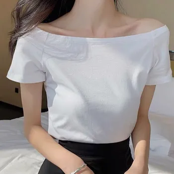 De las mujeres de Algodón T-shirt Y2K de Manga Corta Sexy Hombro Fuera coreano de la Moda de la Camiseta Femme Barra Camiseta del Cuello de la Ropa de Verano Superior