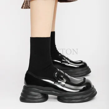 La Nueva Primavera y el Otoño Mocasines de Diseño de Moda, Pequeño, Grueso Zapatos de tacón Grueso con suela de Pequeños Zapatos de Cuero Mujer