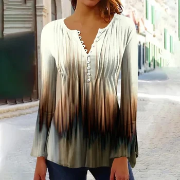 De las mujeres de cuello en V T-shirt de Impresión 3D de la Moda de Gradiente de Color Versátil Y2K Venta Caliente Suelta el Botón Nuevo de Siete puntos SleeveV cuello