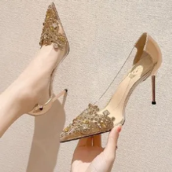 Dedo del pie puntiagudo tacón de Aguja de las Mujeres zapatos de Tacón Alto Zapatos de Mujer de Moda Zapatos de Mujer Zapatos de Boda de Tacón de 6cm Transparente Arco de piedras preciosas