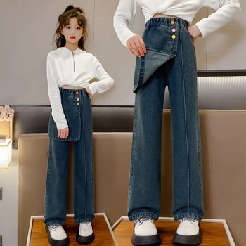 2023 Chicas Nuevas' Jeans Adolescentes de la Primavera y el Otoño de la Moda de Ancho de Pierna Pantalones Casuales 5-14Y