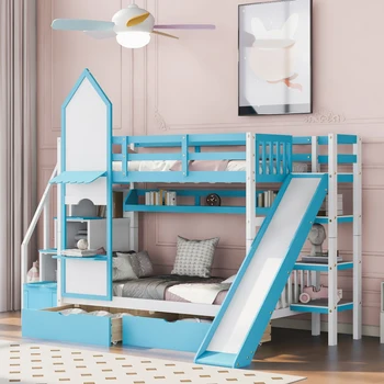 Azul Gemelo-Sobre-Twin Castillo de Estilo Litera con 2 Cajones con 3 Estantes y Deslice Fácil de montar Para interiores, muebles de dormitorio