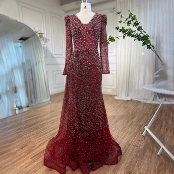 Serena Hill Musulmán de diseño de Lujo de Vino Rojo de la Sirena Cuello en V con Cuentas Vestidos de Noche Vestidos Para las Mujeres de la Boda del Partido de 2023 LA72148