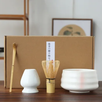 4 piezas / set tradicional de té Matcha en polvo de la caja de regalo cuchara de bambú tazón de cerámica de Matcha en polvo rack juego de té Japonés