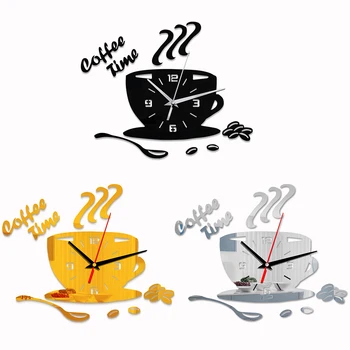 DIY Acrílico Espejo Silencioso Reloj de Pared Creativos de la Taza de Café de Forma de la etiqueta Engomada de la Pared de Cuarzo Reloj de la Sala de estar Decoración del Hogar