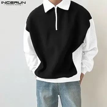 Estilo coreano Hombres Nuevos Zip Medio de Contraste Color de la Blusa de Moda Casual Ropa Masculina Pullover Solapa Camisetas S-5XL INCERUN Tops 2023