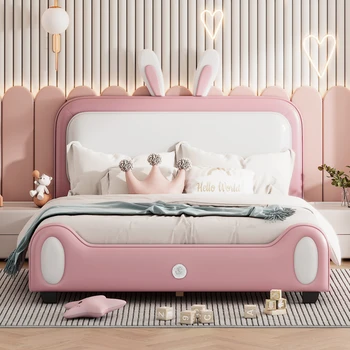 Camas de tamaño Tapizados de Conejo en Forma de Princesa Cama ,dos Camas Tamaño de la Plataforma Cama con Cabecero y Pie de cama,Blanco+Rosa