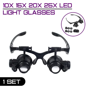 10X 15X 20X 25X Lupa de Luz LED Gafas Joyas de Relojero de la Diadema de la Lente Óptica de Vidrio Lupa Lupa Lupa