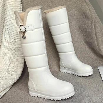 Sepatu Bot Salju Plana Berlapis Bulu Wanita Tinggi Lutut Plataforma De Ujung Tahan Aire Sepatu Bot Berbulu Hangat Musim Dingin Rusia