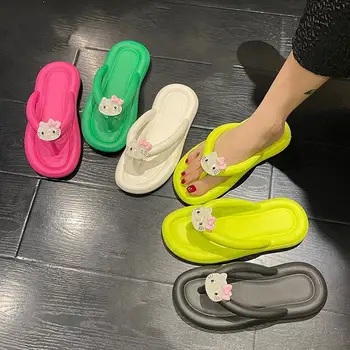 Sanrio Zapatos de Hellokitty Zapatillas para Mujer del Verano de Sujeción del Pie de la raspa de arenque de Fondo Plano de Zapatillas Externa para Usar Sandalias