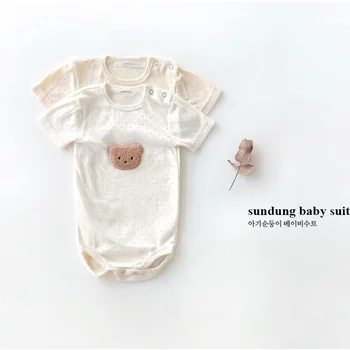 De verano de manga corta bebé bolsa de pedos ropa fina mono bebé lindo bordado de oso en la cabeza de ropa de niña bebé mameluco de niño ropa
