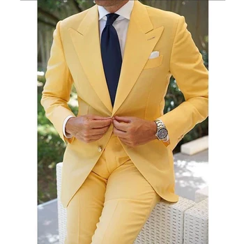 Amarillo Prom Hombres Trajes Slim Fit Alcanzó su punto máximo en la Solapa de la Boda el Novio de Esmoquin Último Diseño de la Moda 2 piezas Chaqueta con Pantalones de 2023
