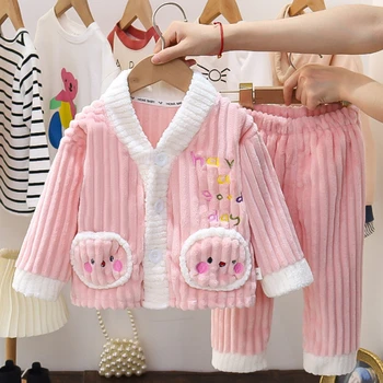 Las niñas Extranjeros Estilo Engrosado Conjunto de Pijama de Franela para el Otoño y el Invierno de las Niñas de Coral de Terciopelo Casa de Ropa para Niños 2pcsSet