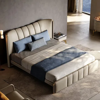 Muebles de dormitorio italiano luz de cama de lujo moderno dormitorio principal de gama alta de la villa de cama de cuero italiano muy simple cama
