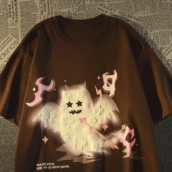 Gótico pequeño fantasma patrón impreso de manga corta t-shirt de las mujeres 2023 verano nueva moda dulce estilo fresco y2k holgada camiseta de las mujeres