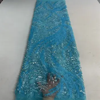 Madison de Lujo 3D de la Pluma de Nigeria hechos a Mano de Perlas de Tela de Encaje francés de Malla de Tul con Lentejuelas Bordado con Cuentas de África Encaje de Costura