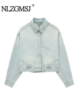Nlzgmsj TRAF - Dril de algodón de Abrigo Para las Mujeres 2023 Primavera Otoño de Solapa de Manga Larga chaqueta Corta de Mujer Suelta Streetwear Botones de la Chaqueta