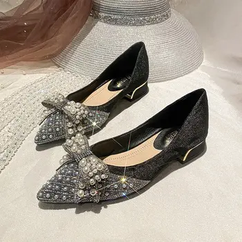 La mujer Calzado de Verano la Plaza de la Perla Tacones de Zapatos para Mujer 2023 Punta de Diamante de Baja Talón Elegante con Cristales de diamantes de imitación E