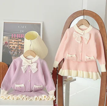 Retail 2023 Nuevo Bebé Niñas Otoño Elegante Tejido de punto Conjuntos de Top + Faldas de la Princesa de la Moda de Trajes de 2-6T