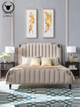 Luz de américa tela de lujo, cama doble moderna minimalista, dormitorio principal cama de cuero de madera maciza de alta cuadro de cama muebles