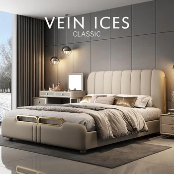 De lujo de estilo italiano de cuero de arte de la cama, dormitorio principal, 1.8 m doble, cama king size, 1.5 m de almacenamiento único de cama de alta calidad en cuero suave cama