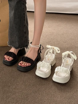 Zapatos de la comodidad para las Mujeres de la Perla Sandalias Traje de Mujer Beige Aumento de la Altura del Bloque de Tacones-Coincide con lazo Negro de 2023 de la Moda de Chunky de Gi